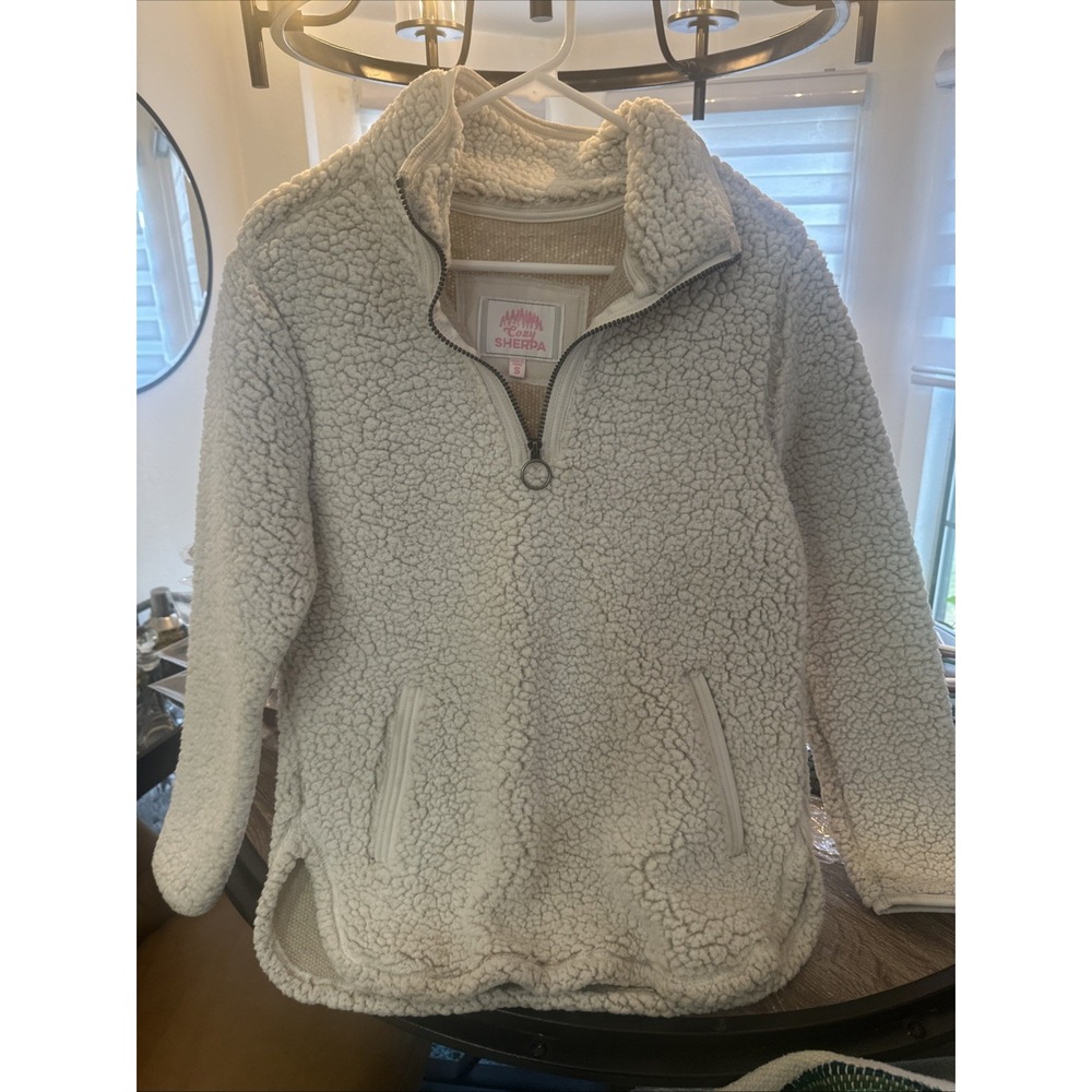 Cozy Sherpa Womens White 1/4 Zip Faux Fur Pullover Sherpa Top Jacket Size S